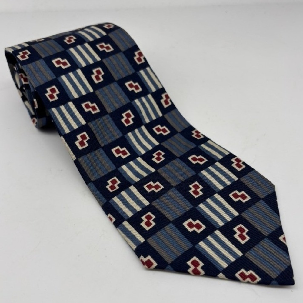 VTG Corvette Menswear Necktie Mens Navy Blue Geometric Italian Silk Checkerboard